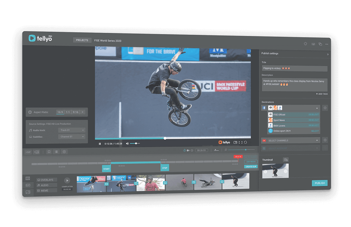 Live video clipping, editing, streaming, production and distribution Tellyo